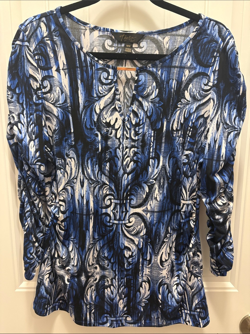 Thalia Sodi Medium Blue Baroque Scroll Print Ruched Sleeve Stretch Top